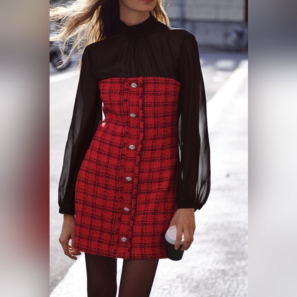 NWT ZARA Bloggers Fav COMBINATION STRUCTURED DRESS Mini Red black tweed Jewel - Picture 9 of 17